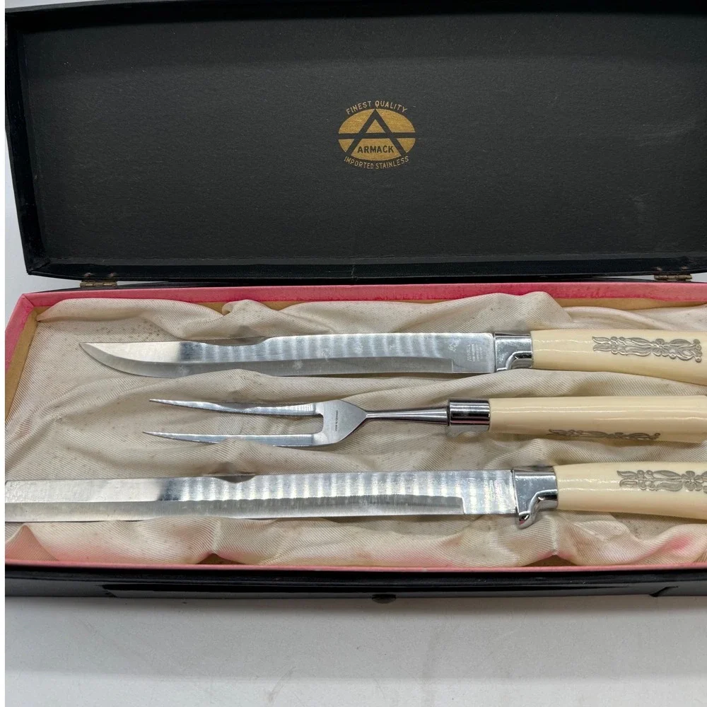 Vtg Armack Solingen Germany Stainless Steel Carving & Steak Knife Set 7pc Box